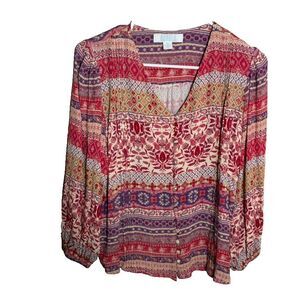 Bunulu Blouse Women's Small Printed V-Neck Striped Boho 3/4 Sleeve Casual Top